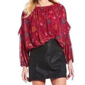 Free People Wildflower Honey Gathered Nylon Floral Print Elastic Waist Top